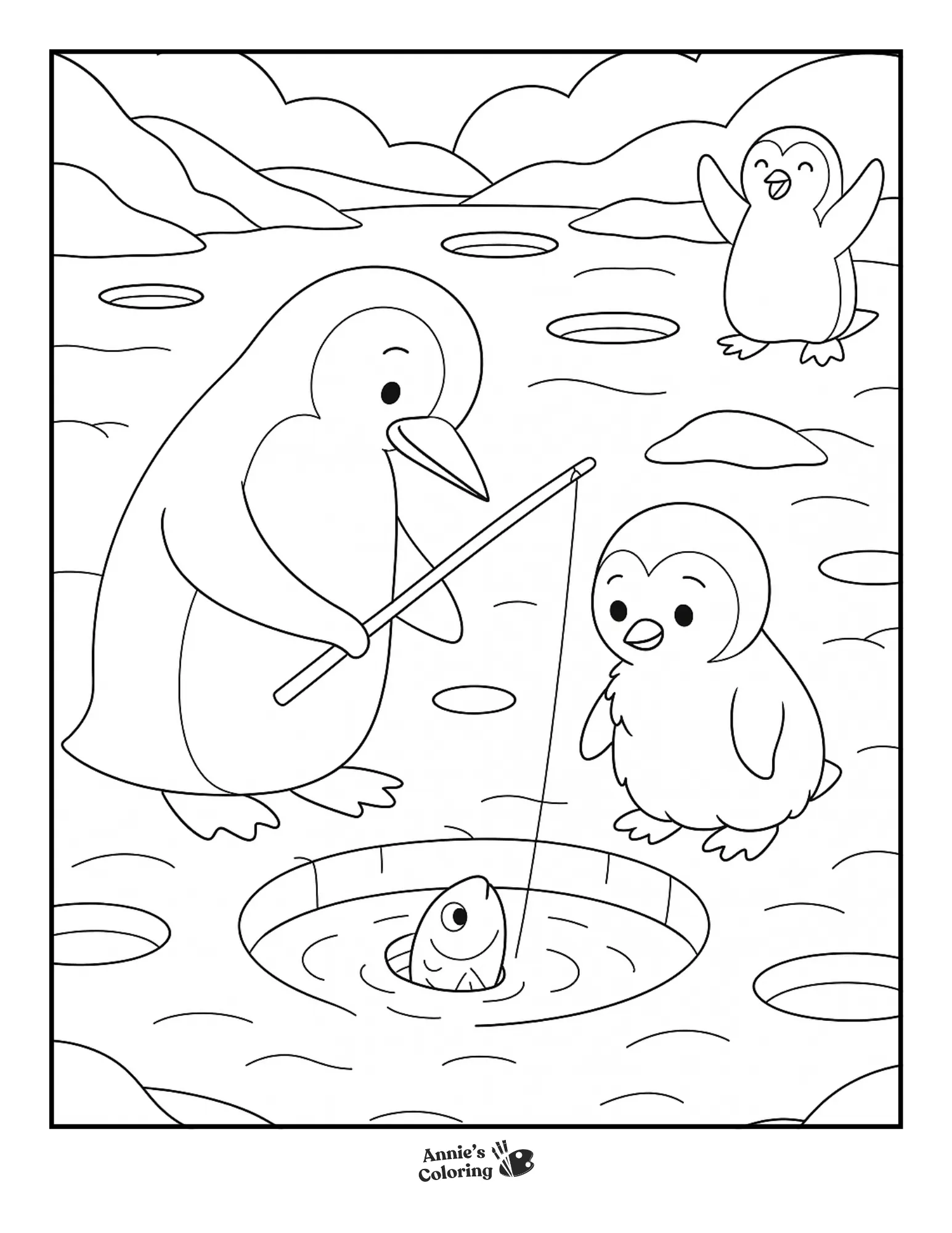 Penguins ice fishing with a caught fish.