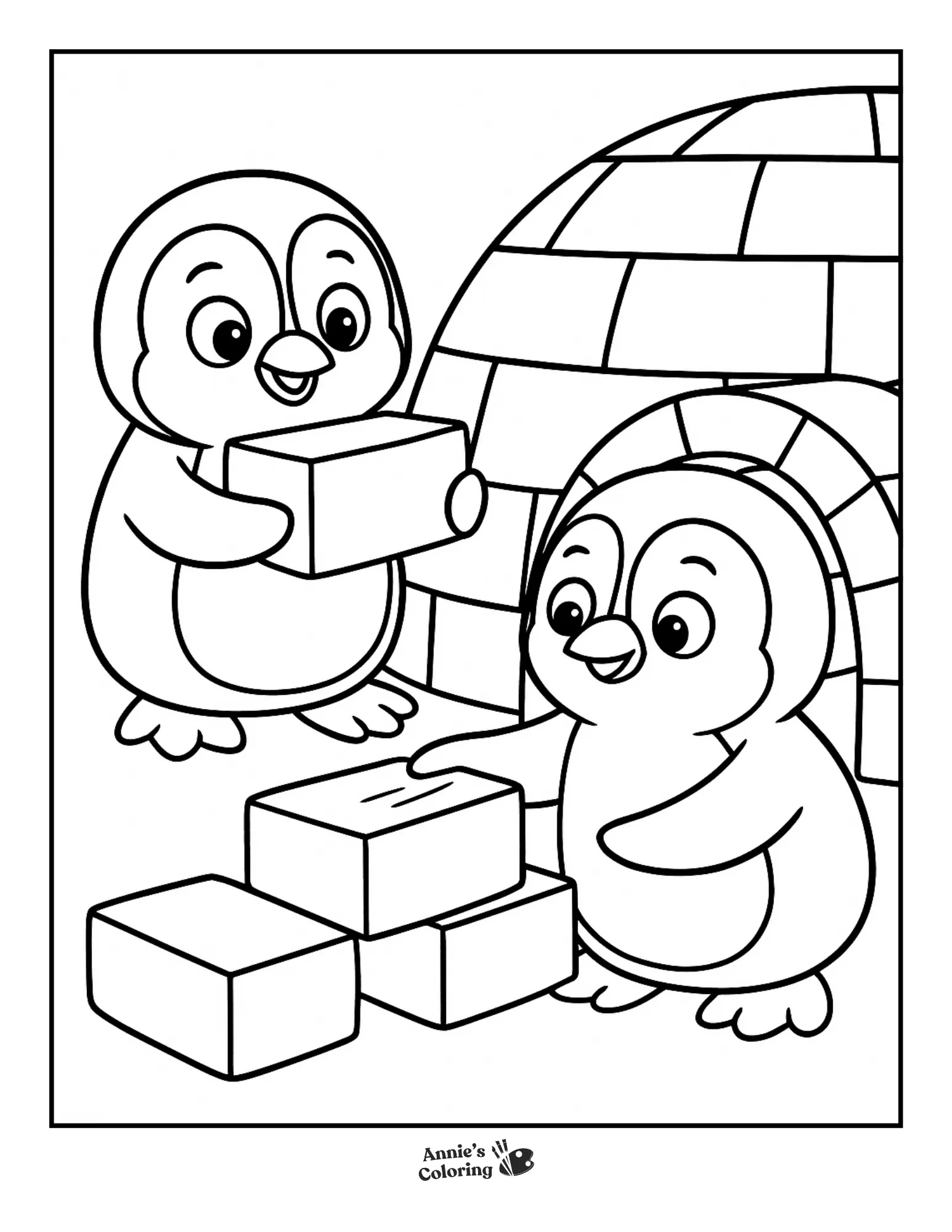 Penguins building or playing near an igloo.