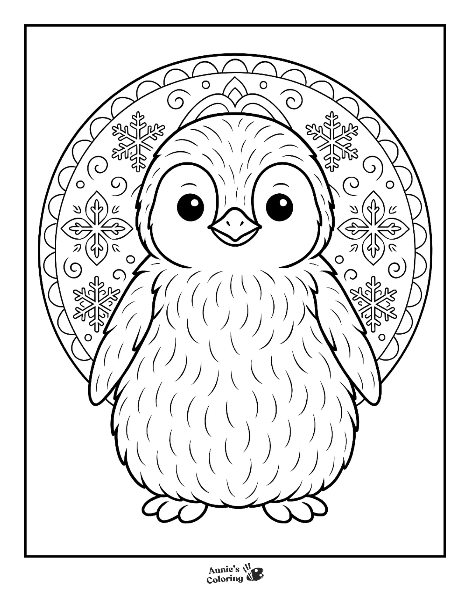 A simple penguin surrounded by mandala patterns.