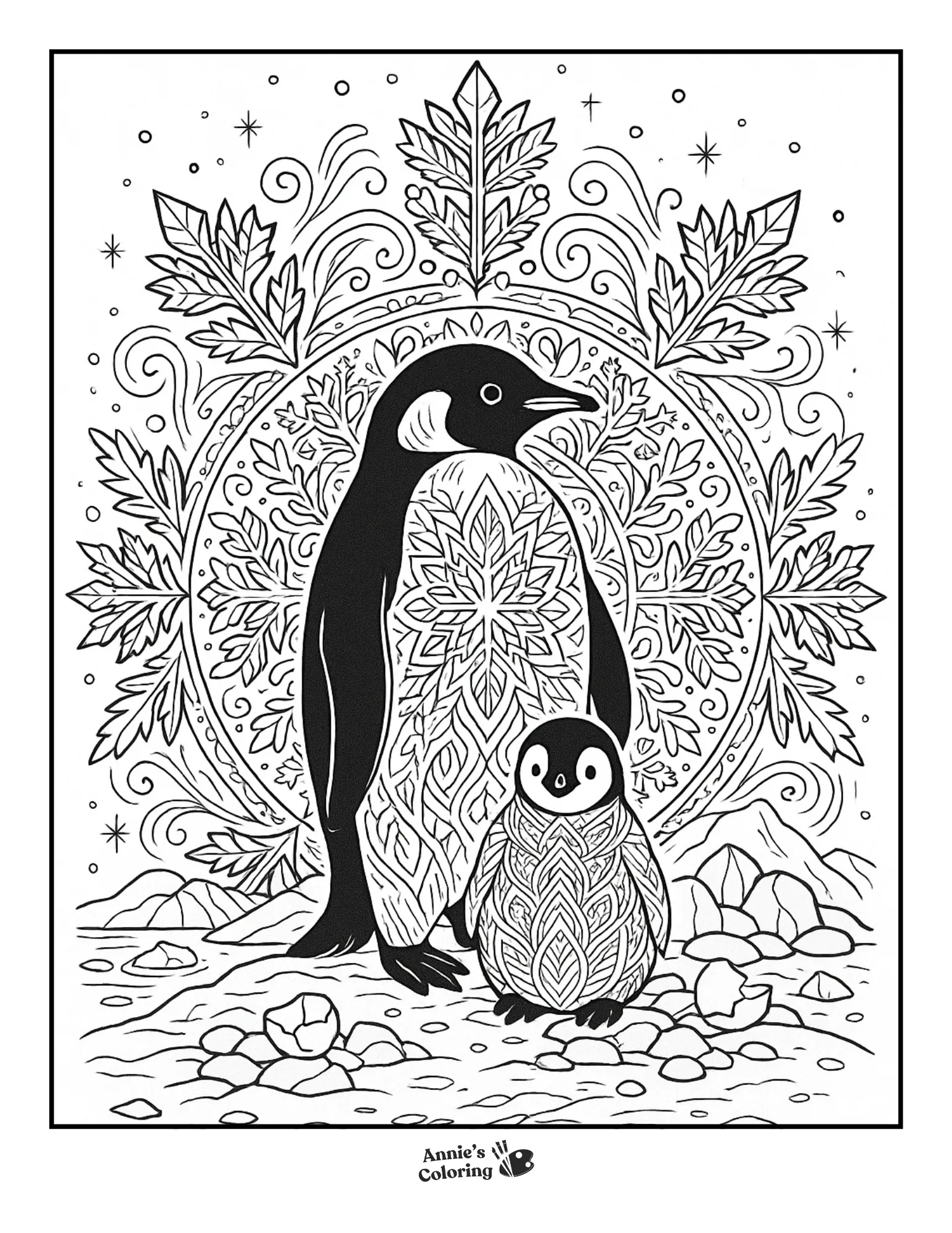 A mandala scene of a mother and baby penguin.