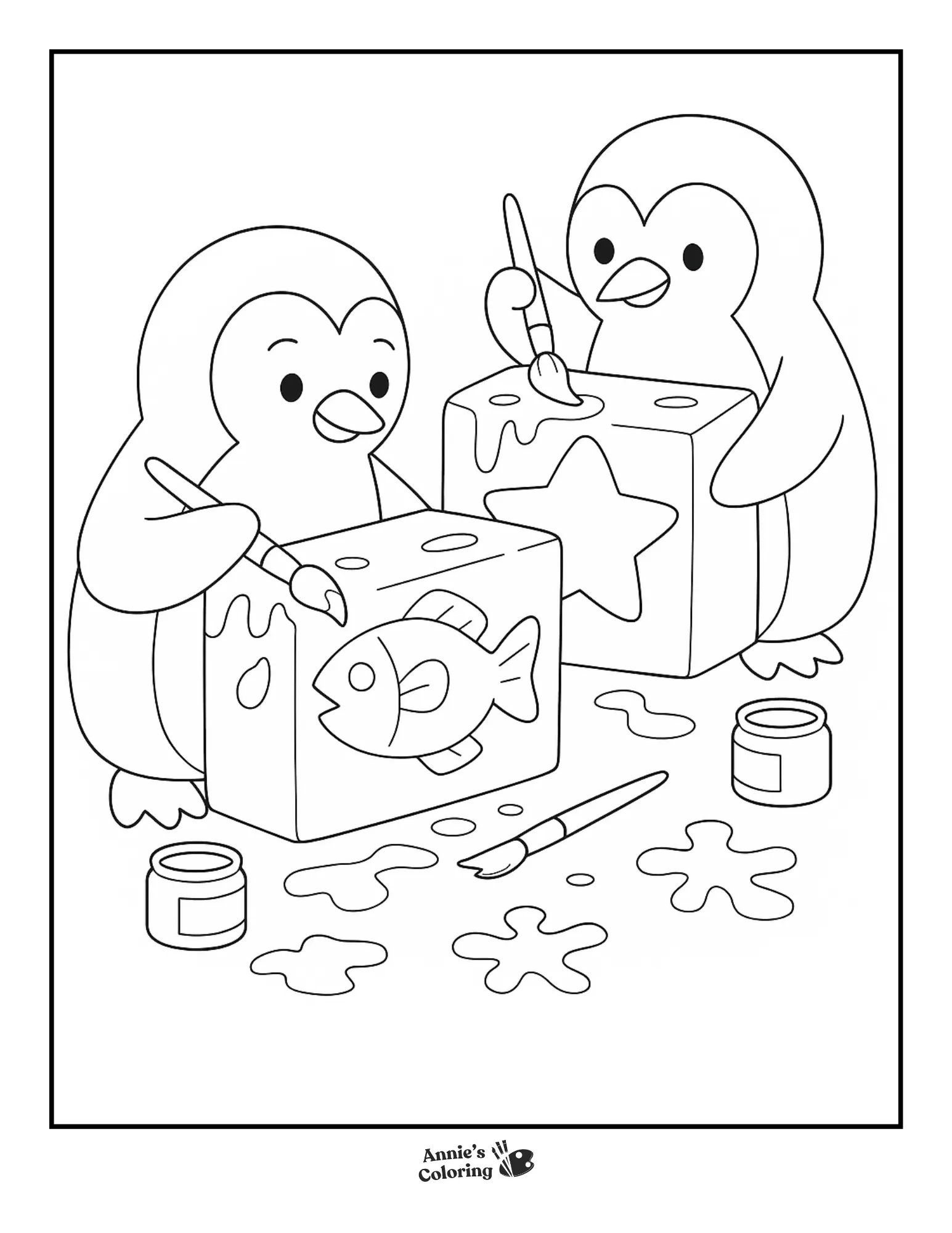 Penguins painting ice blocks with patterns.