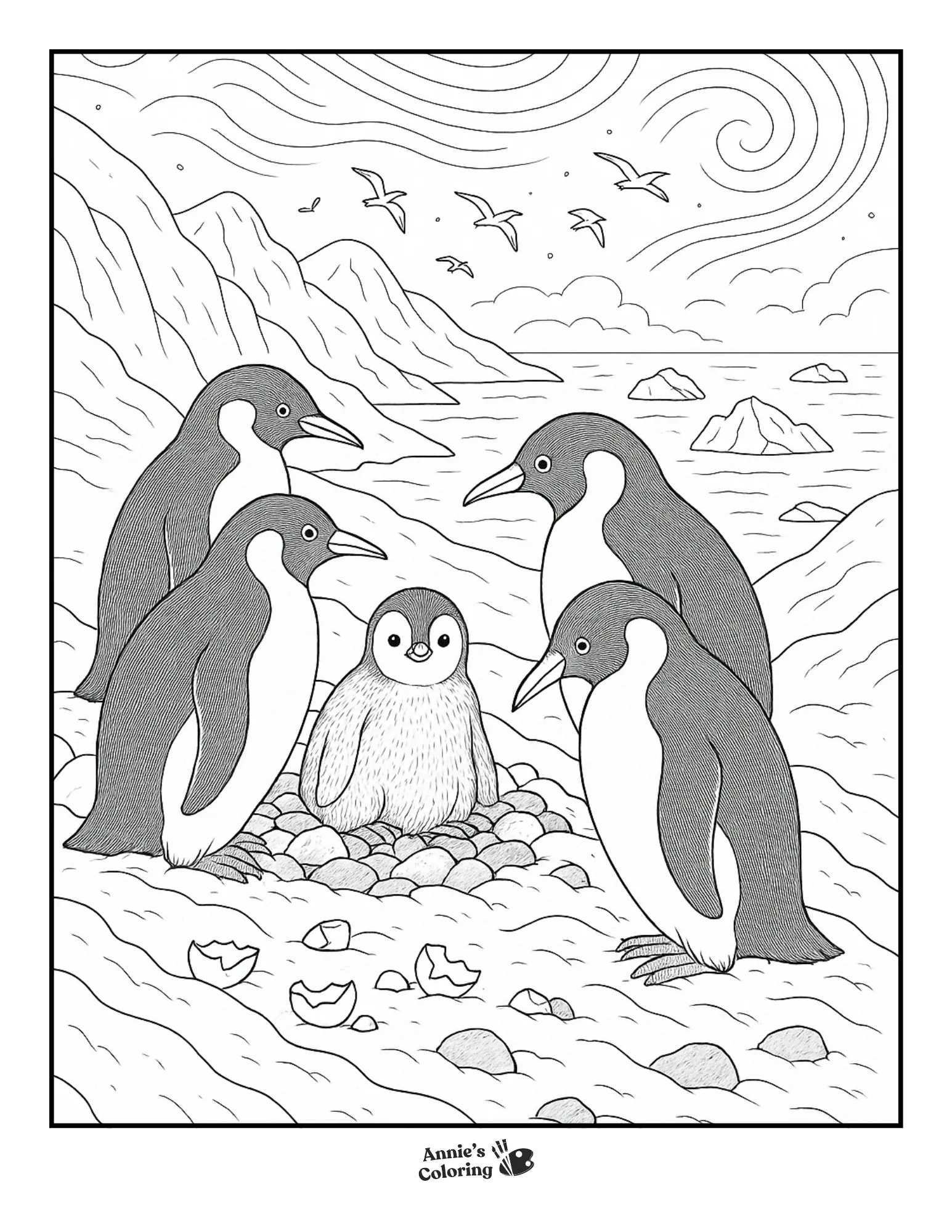 A realistic penguin family scene.