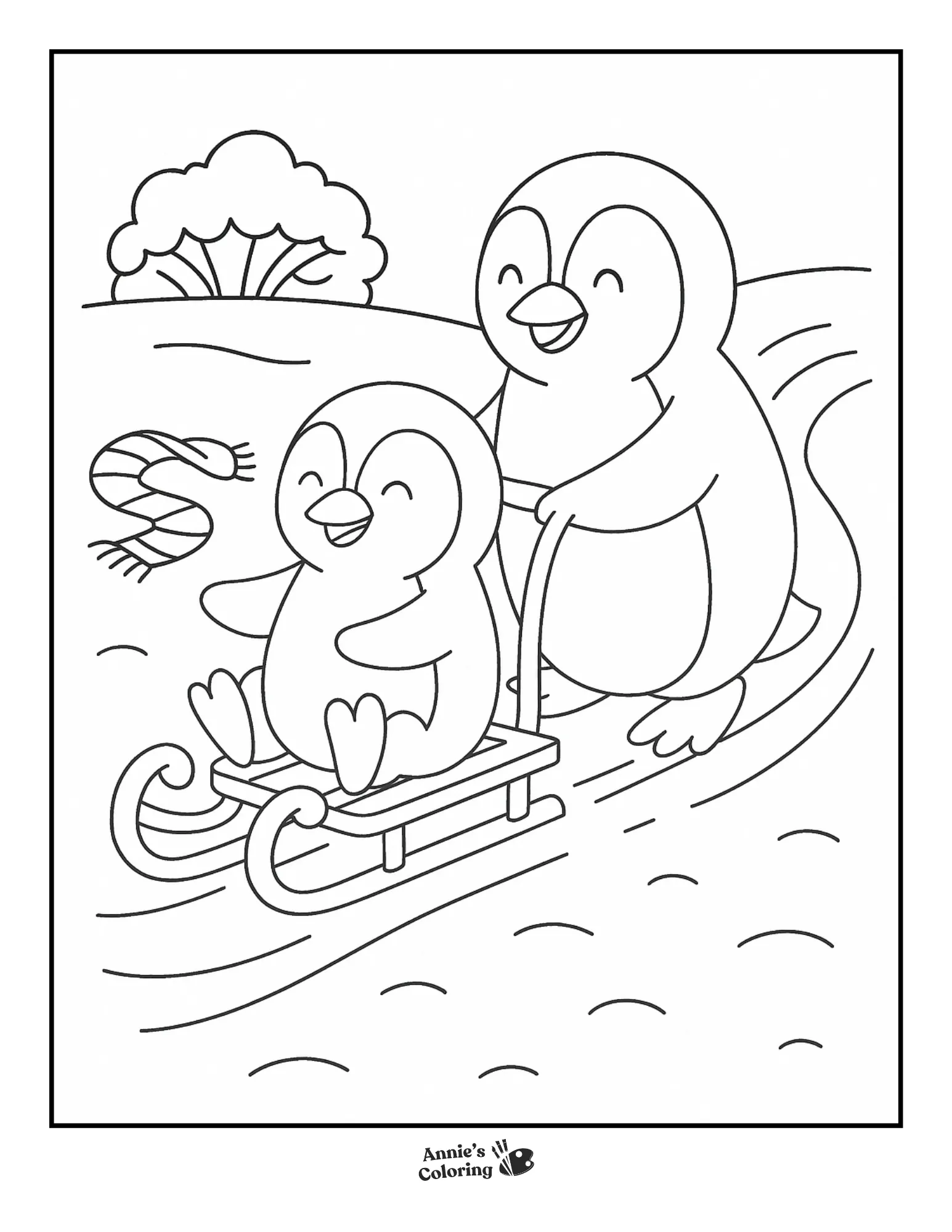 Penguins sledding down a snowy hill.