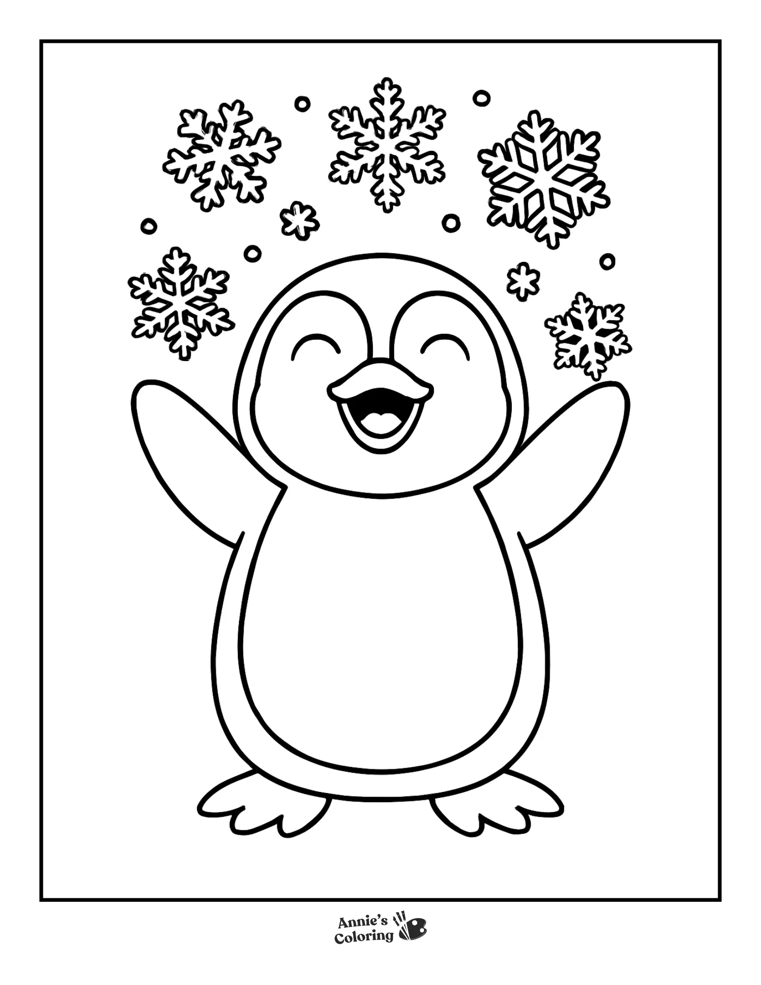 A penguin with snowflakes falling around.