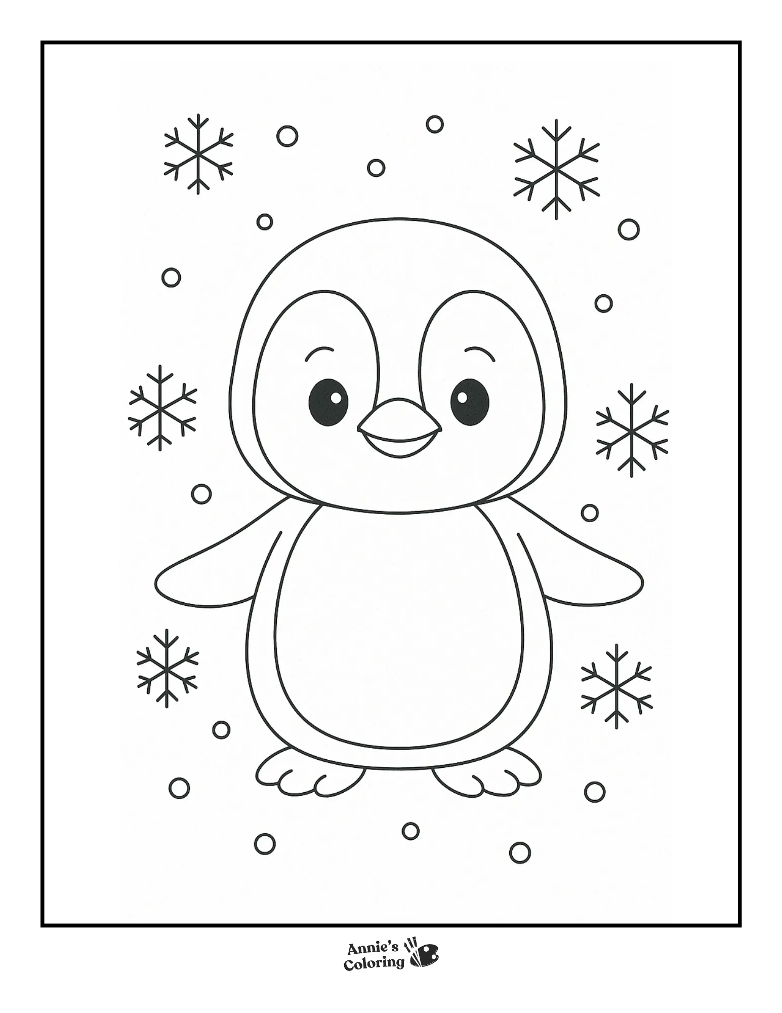 A penguin with snowflakes falling around.