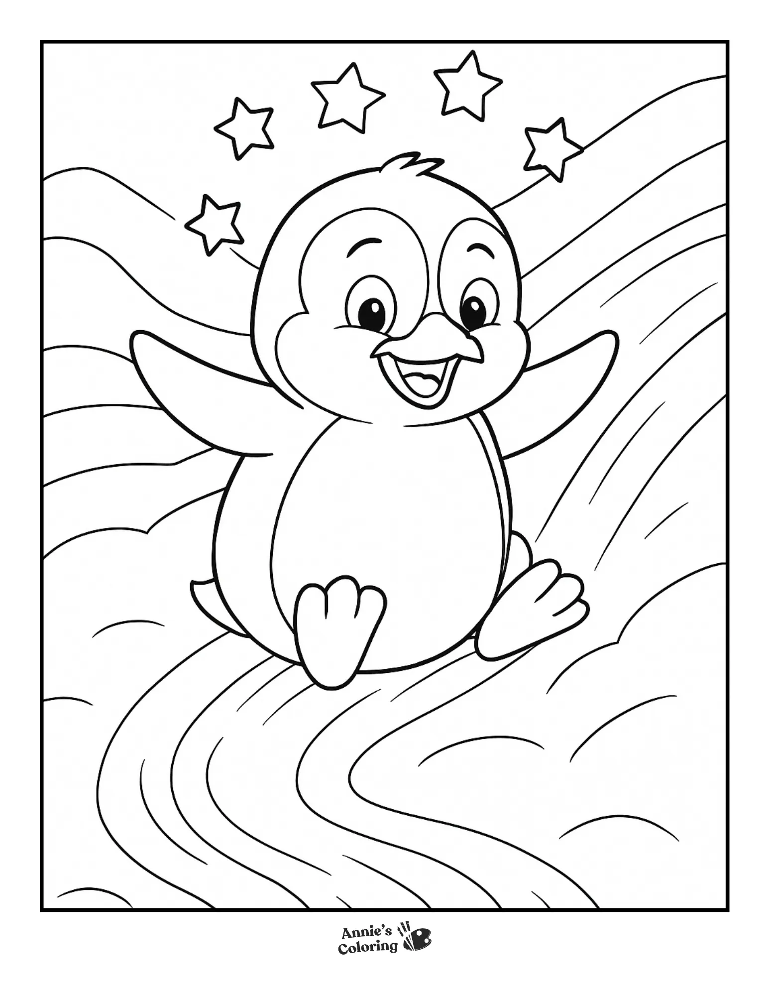 A penguin sliding with stars overhead.