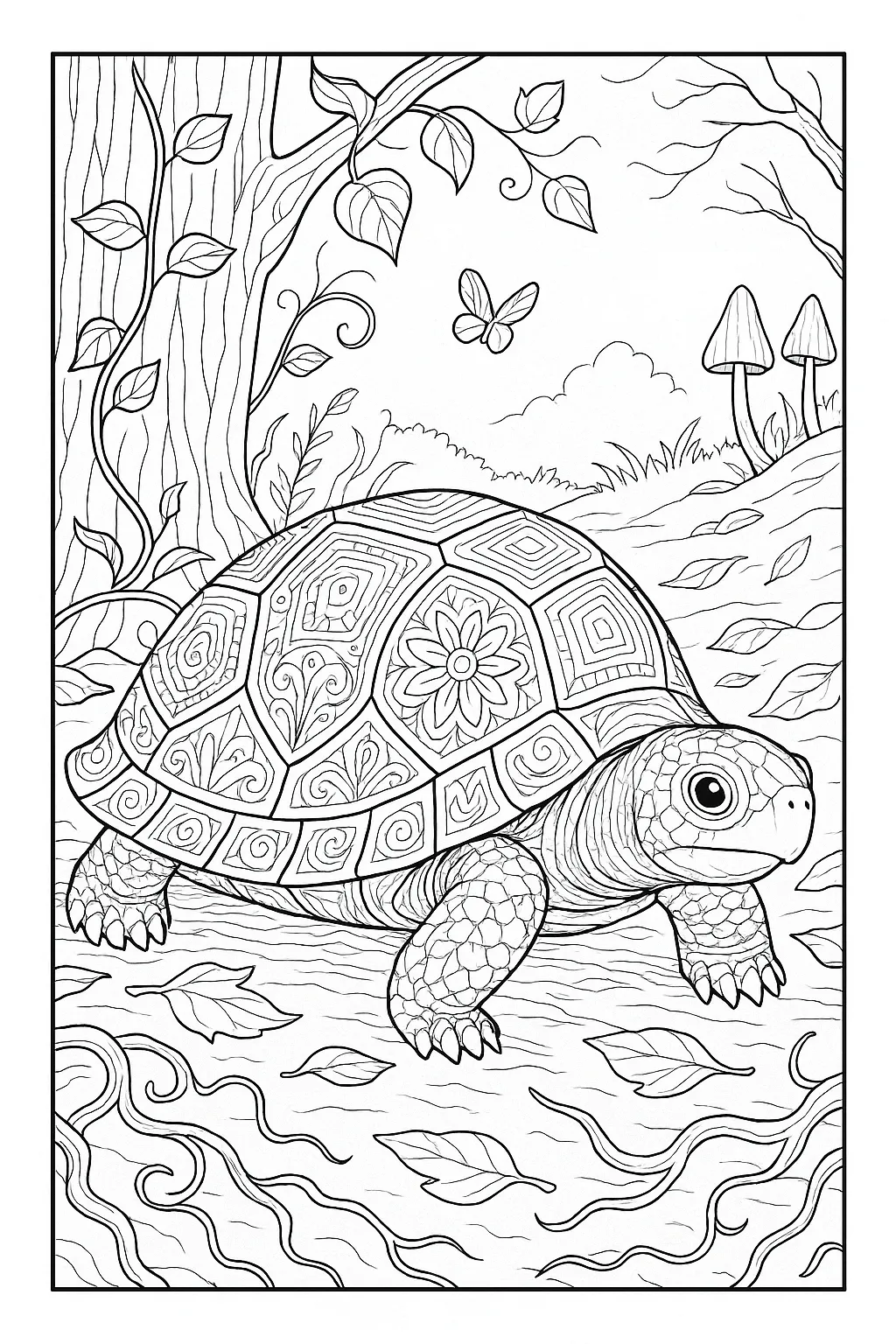 A detailed and intricate drawing of a turtle.