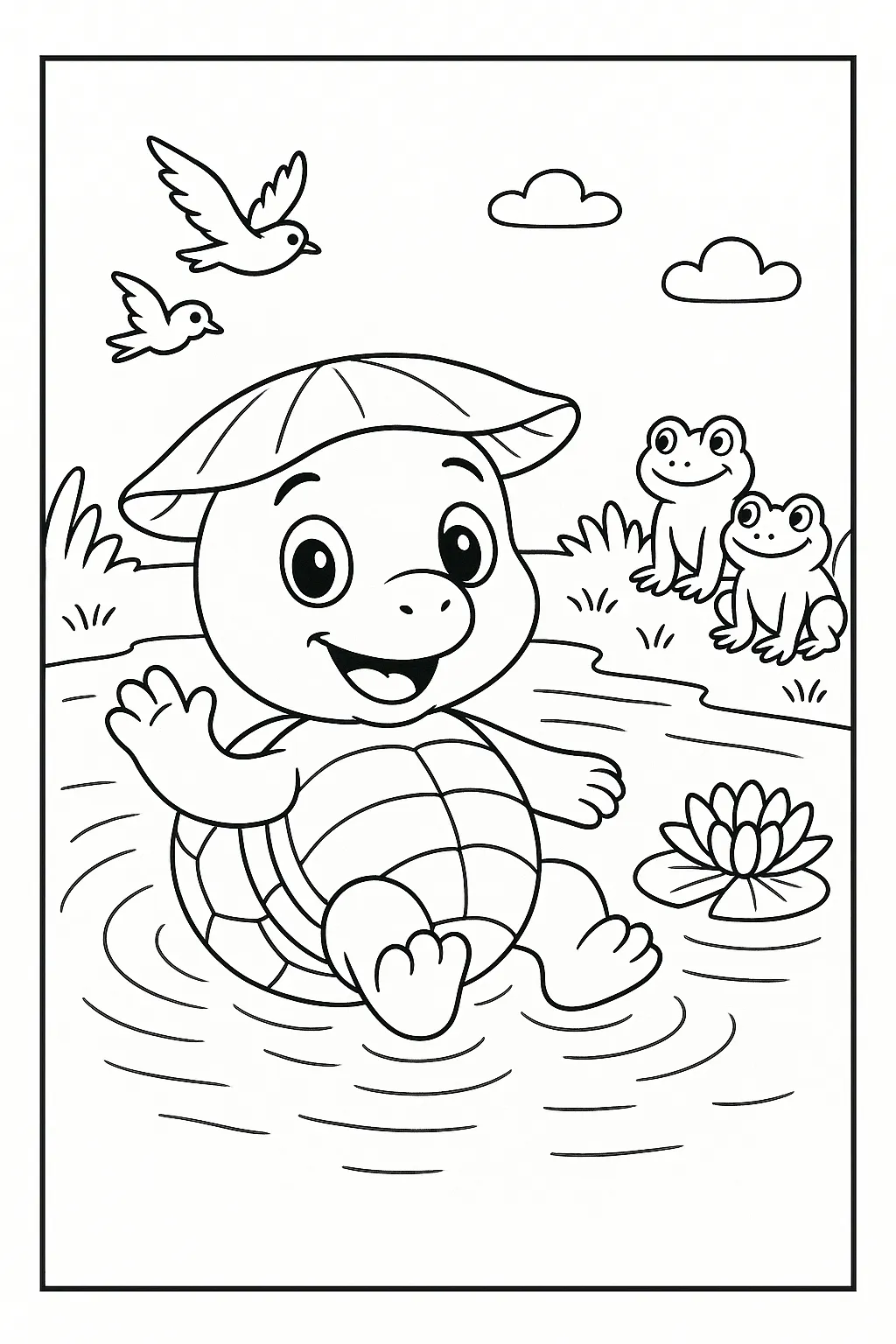 A cartoon turtle swimming in a pond.