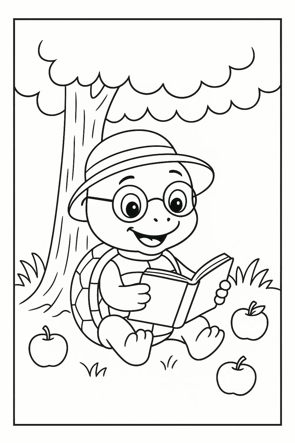 A turtle reading a book under a tree.