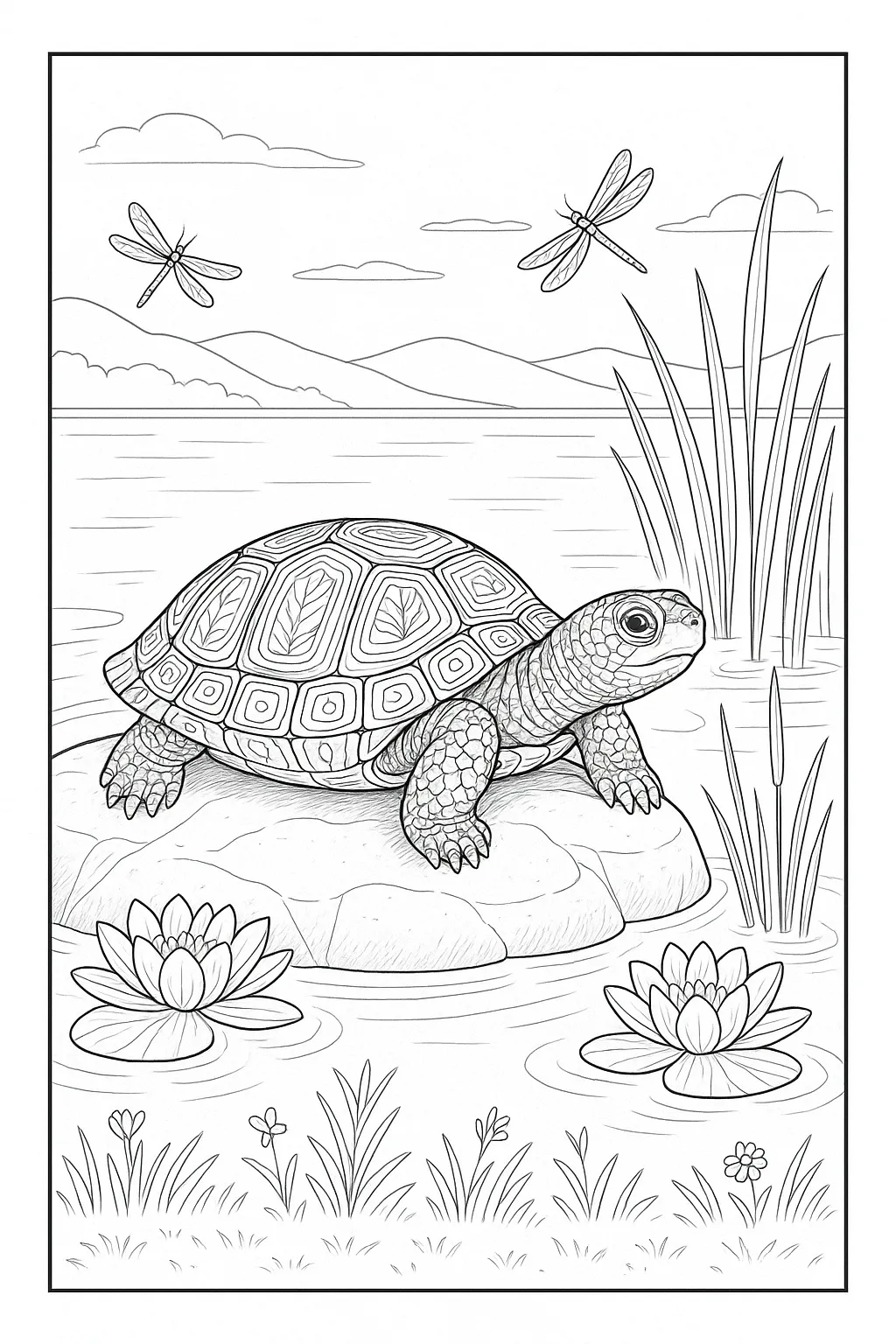 A turtle sitting on a detailed rocky underwater scene.